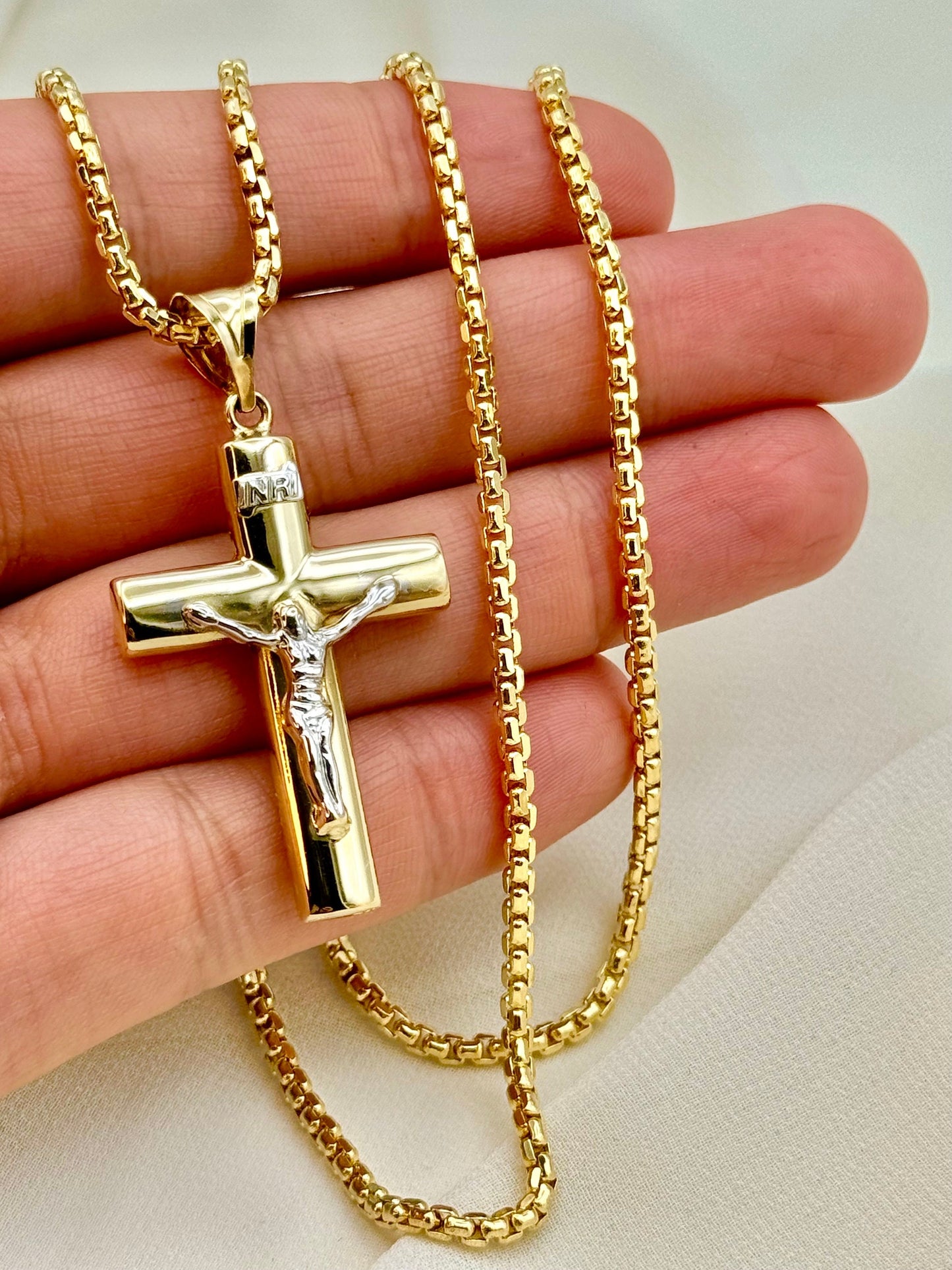 14k Solid Gold Cross Necklace with Box chain 2.5mm, 14k Round Box chain, Cross Necklace, For Him, For Her, Anniversary Gift, Birthday Gift.