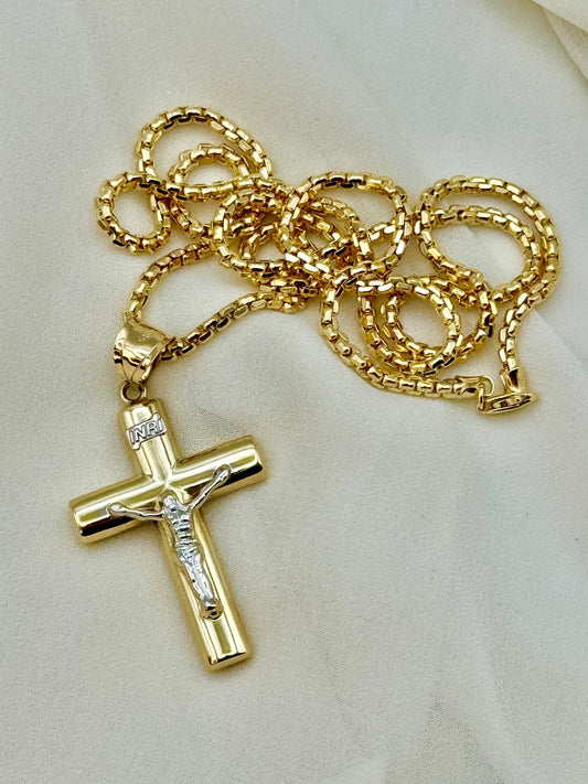 14k Solid Gold Cross Necklace with Box chain 2.5mm, 14k Round Box chain, Cross Necklace, For Him, For Her, Anniversary Gift, Birthday Gift.