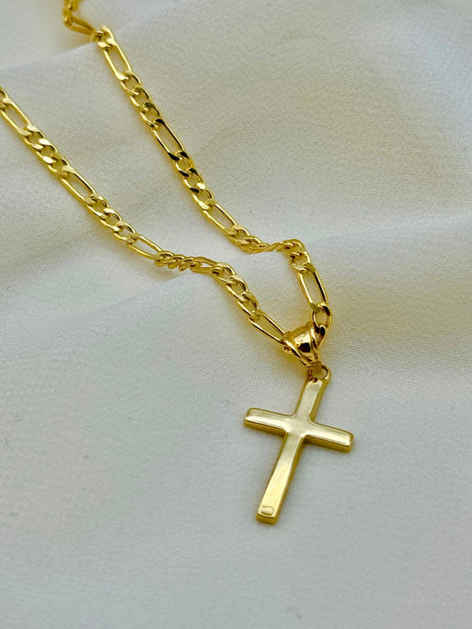 18k Gold Cross Necklace with Figaro Chain So Shiny and Durable, 22 inches, 2.7 mm, Gift for Him, For Her, Birthday Gift, Anniversary gift.