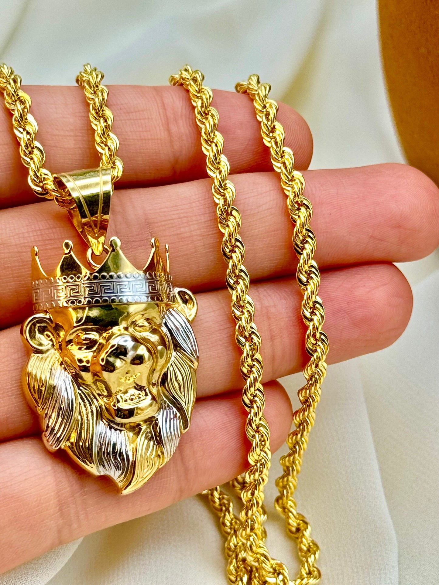 18k Gold Lion Necklace with Crown, 18k Gold Rope chain 4mm, Symbol of leadership and Power, Birthday Gift, Christmas Gift, Anniversary Gift.