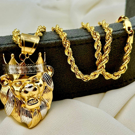 18k Gold Lion Necklace with Crown, 18k Gold Rope chain 4mm, Symbol of leadership and Power, Birthday Gift, Christmas Gift, Anniversary Gift.