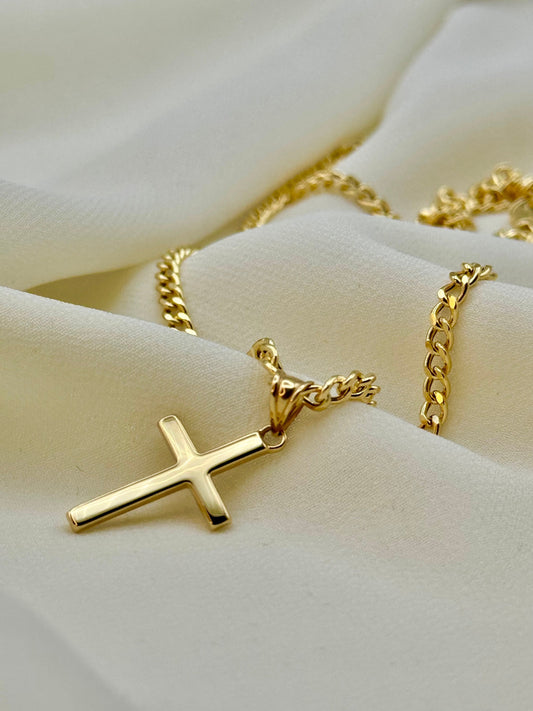 18k Solid Gold Cross Necklace with 3mm curb chain Diamond Cut So Shiny and Durable, 20", 22", Gift for Him, For Her, Birthday Gift.