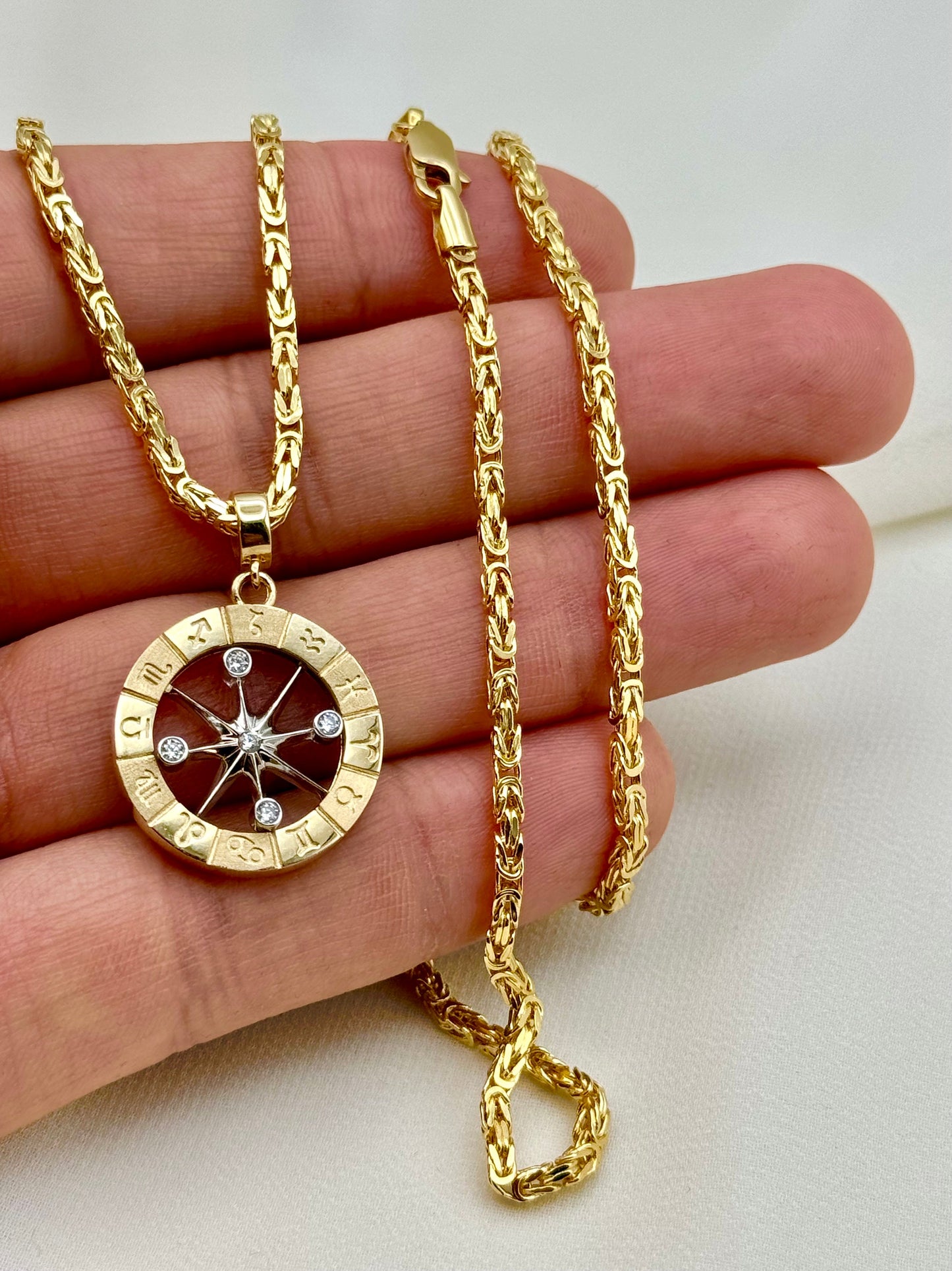 Handcrafted 14K Solid Gold Compass Necklace with 18k Handmade Byzantine Chain 24", 2.3mm - Birth Signs, Custom Pendant, Traveler Gift.