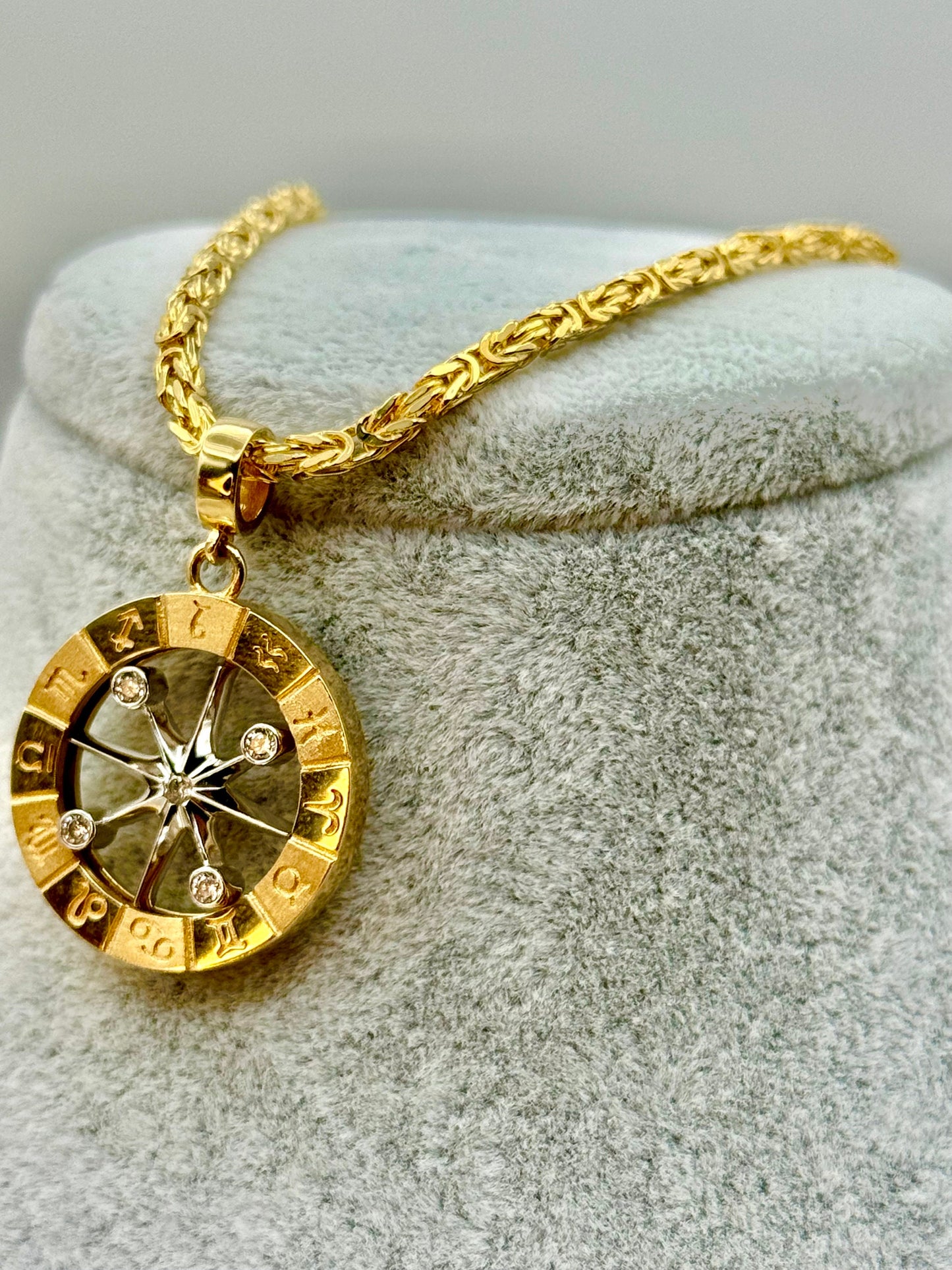 Handcrafted 14K Solid Gold Compass Necklace with 18k Handmade Byzantine Chain 24", 2.3mm - Birth Signs, Custom Pendant, Traveler Gift.