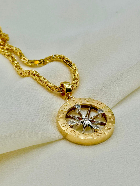 Handcrafted 14K Solid Gold Compass Necklace with 18k Handmade Byzantine Chain 24", 2.3mm - Birth Signs, Custom Pendant, Traveler Gift.