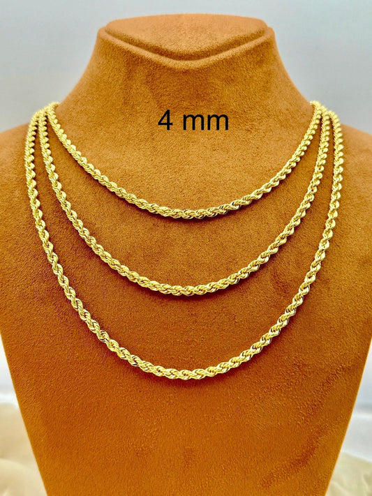 18k Real Gold Rope necklace,18", 20",  22",24", inches ,4 mm, Rope chain, 14krope Chain, real gold, gift, Rope necklace, For Gift.